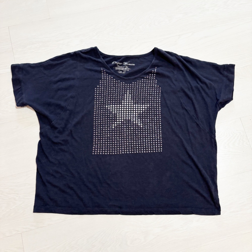 Onque Womens Studded Rhinestone Star Short Sleeve Top Sz 1X‎ Americana Patriotic